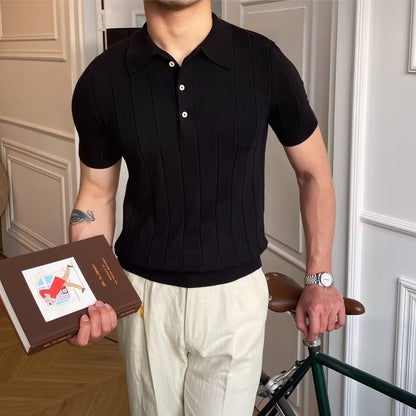 Men Black Ice Silk Polo Shirt Summer Casual