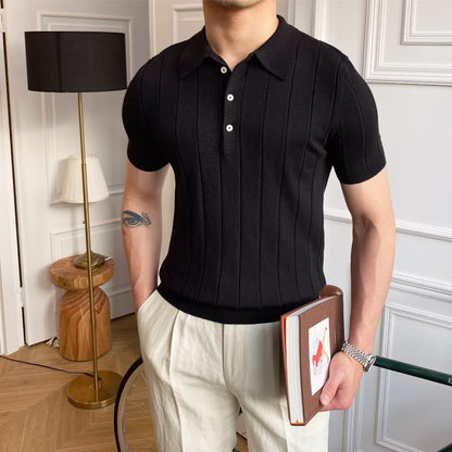 Men Black Ice Silk Polo Shirt Summer Casual