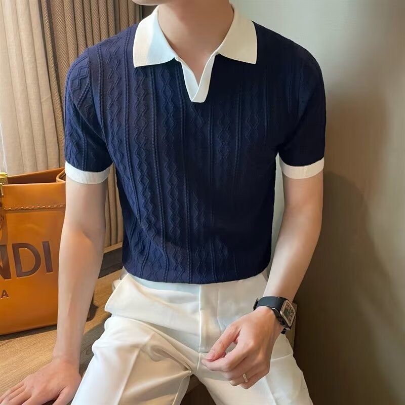 Men Navy Knitted Polo Shirt Loose Fit Autumn