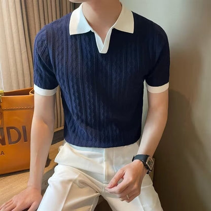 Men Navy Knitted Polo Shirt Loose Fit Autumn