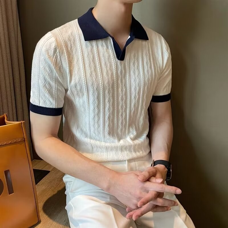 Men Navy Knitted Polo Shirt Loose Fit Autumn