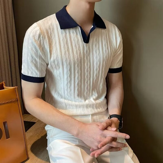 Men Navy Knitted Polo Shirt Loose Fit Autumn