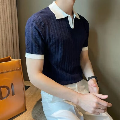 Men Navy Knitted Polo Shirt Loose Fit Autumn